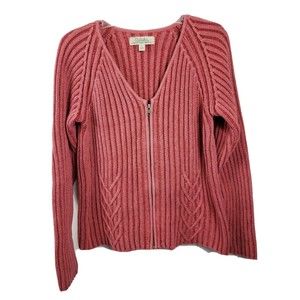 Cabelas Full Zip Cable Knit Heavy Sweater Pink Women's Size Lg cotton blend